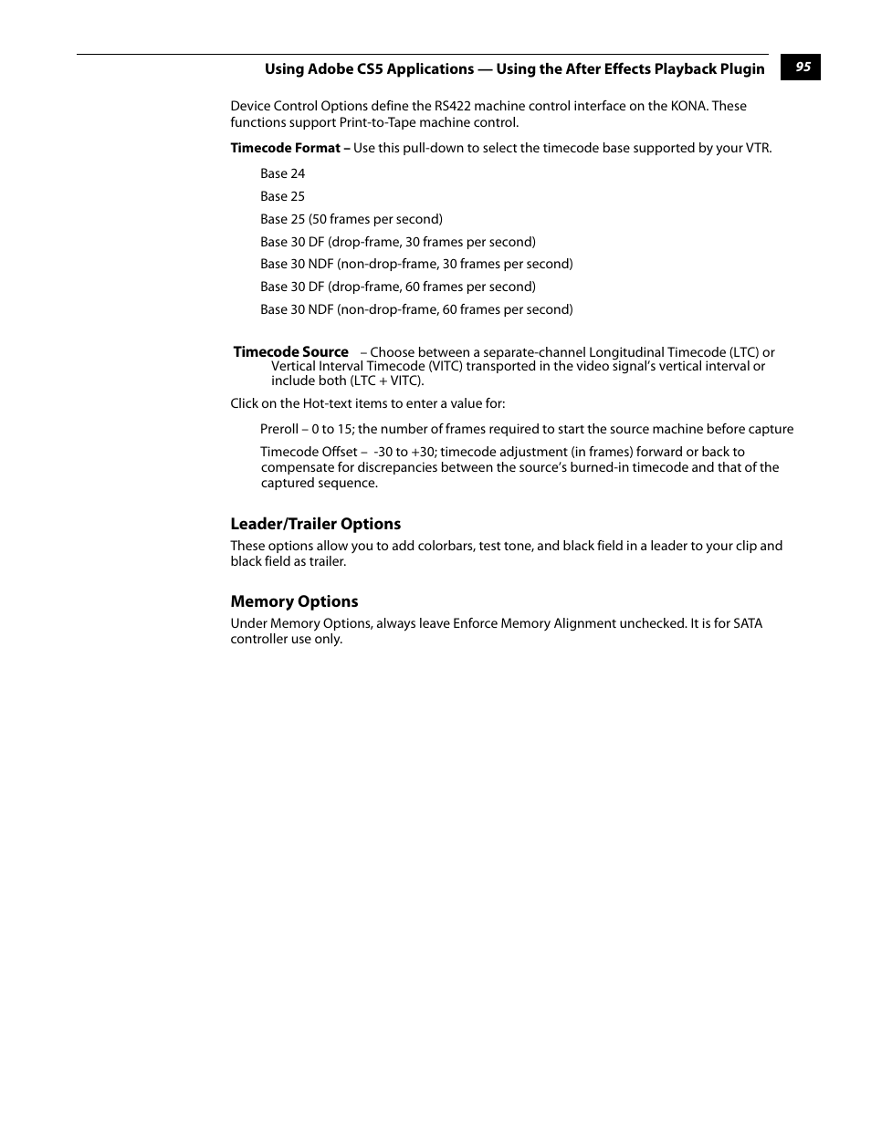 Leader/trailer options memory options | AJA KONA 5.0 User Manual | Page 105 / 128