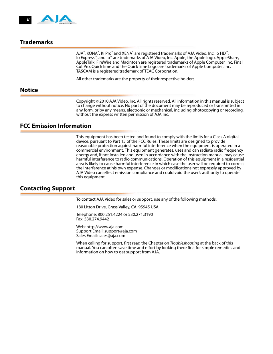 Trademarks, Notice, Fcc emission information | Contacting support | AJA KONA 5.0 User Manual | Page 2 / 128
