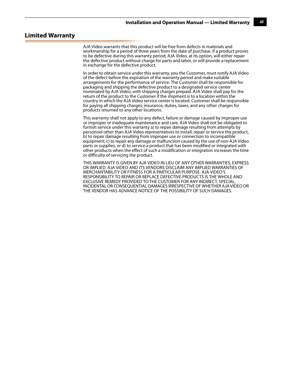 Limited warranty | AJA KONA 5.0 User Manual | Page 3 / 128