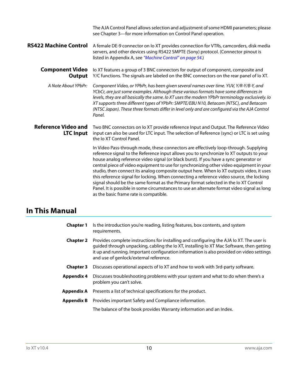 Rs422 machine control, Component video output, Reference video and ltc input | In this manual | AJA IoXT User Manual | Page 10 / 70