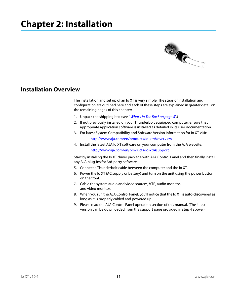 Installation overview, Chapter 2: installation | AJA IoXT User Manual | Page 11 / 70