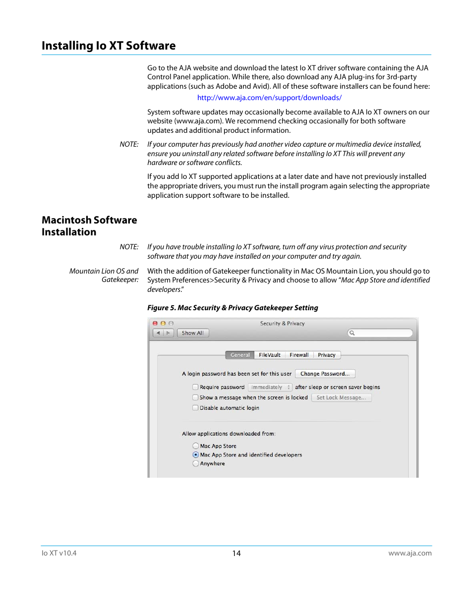 Installing io xt software, Macintosh software installation | AJA IoXT User Manual | Page 14 / 70