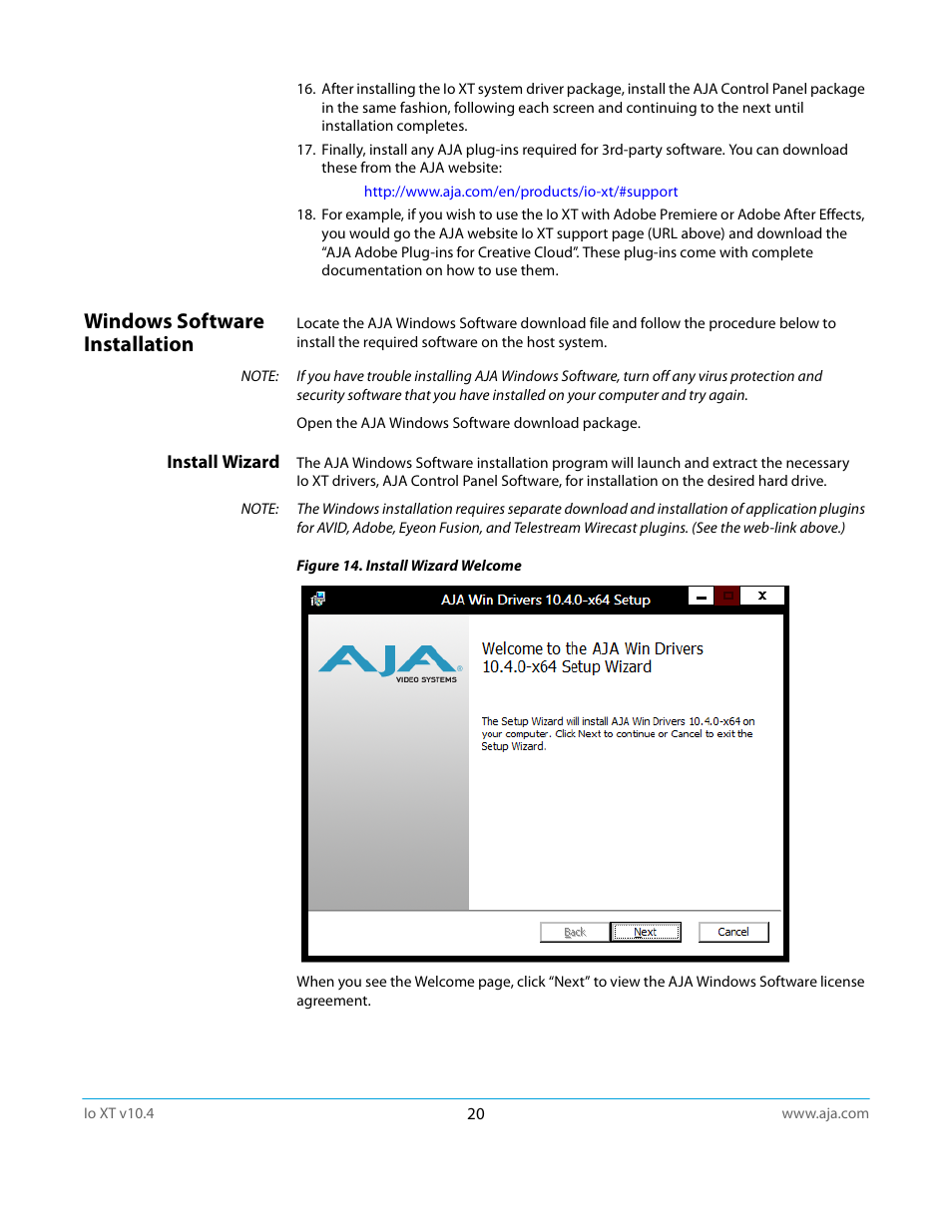Windows software installation, Install wizard | AJA IoXT User Manual | Page 20 / 70