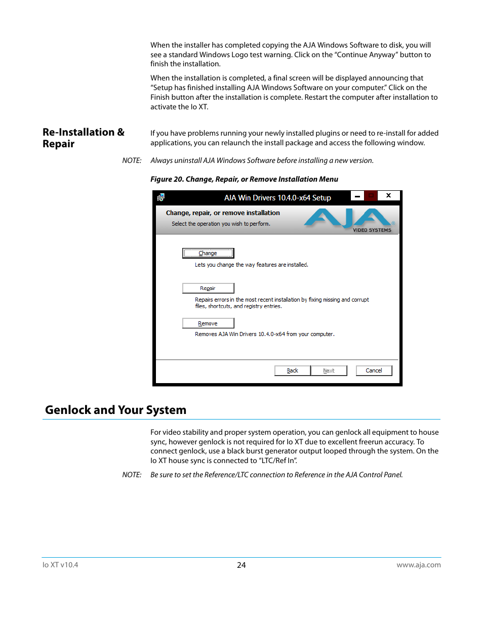 Re-installation & repair, Genlock and your system | AJA IoXT User Manual | Page 24 / 70