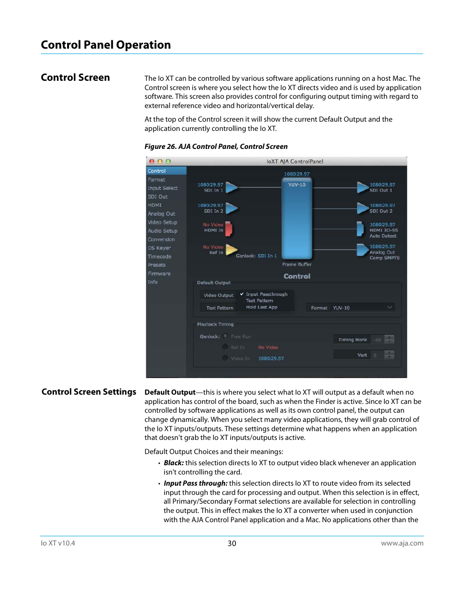 Control panel operation, Control screen, Control screen settings | AJA IoXT User Manual | Page 30 / 70
