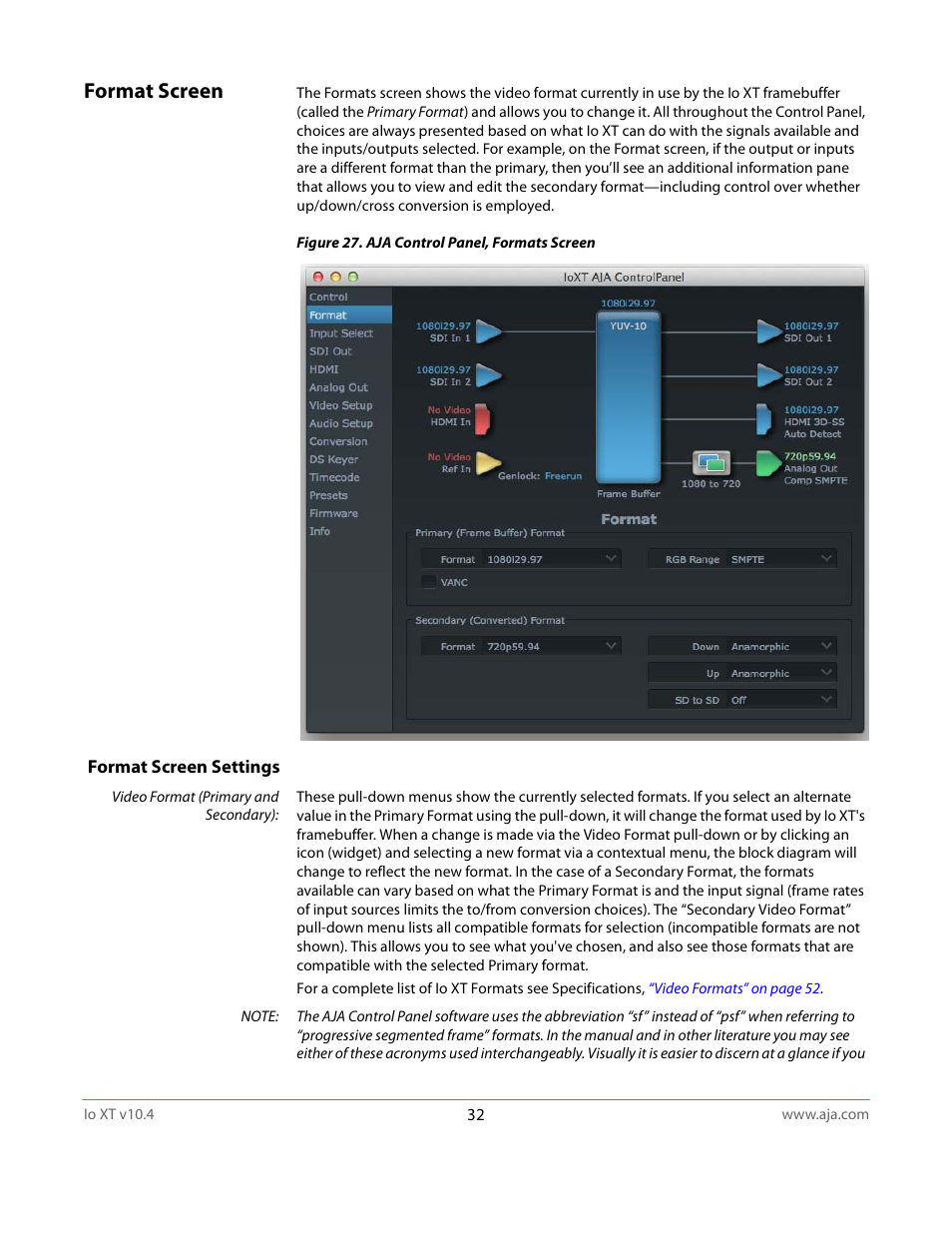 Format screen, Format screen settings | AJA IoXT User Manual | Page 32 / 70