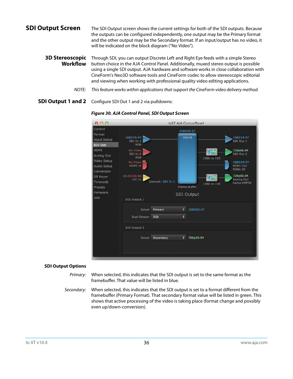 Sdi output screen, 3d stereoscopic workflow, Sdi output 1 and 2 | AJA IoXT User Manual | Page 36 / 70
