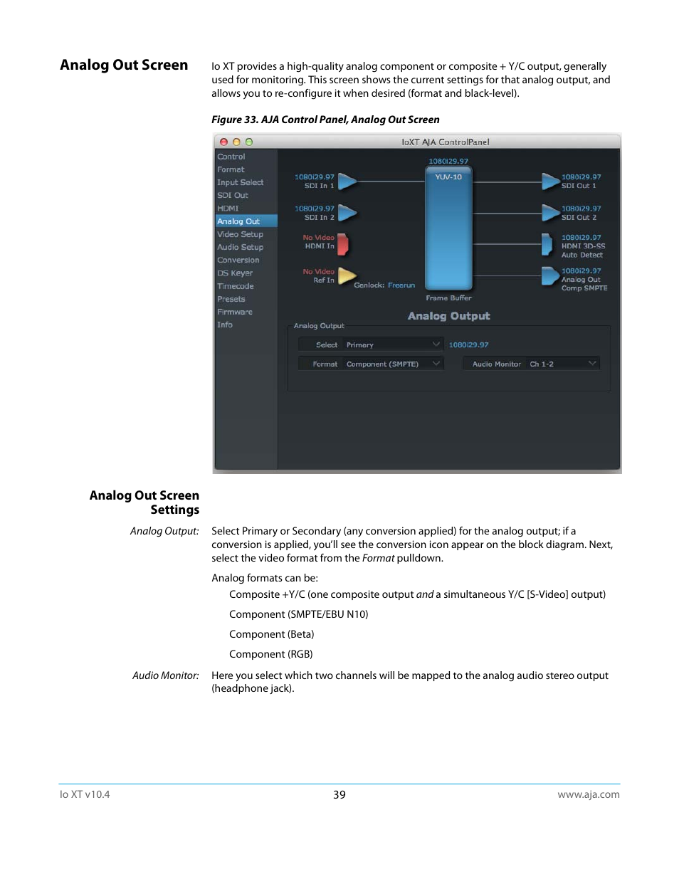 Analog out screen, Analog out screen settings | AJA IoXT User Manual | Page 39 / 70