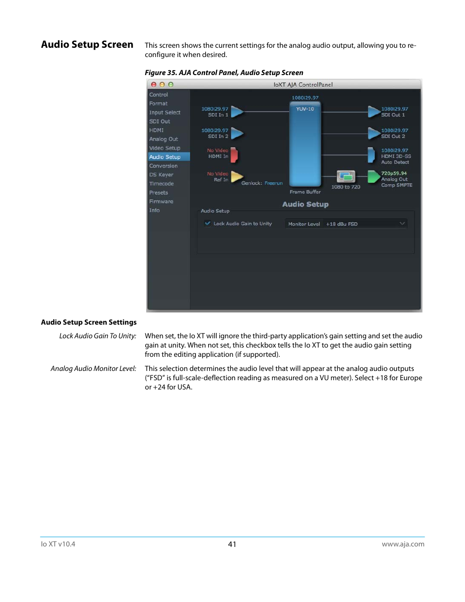 Audio setup screen | AJA IoXT User Manual | Page 41 / 70