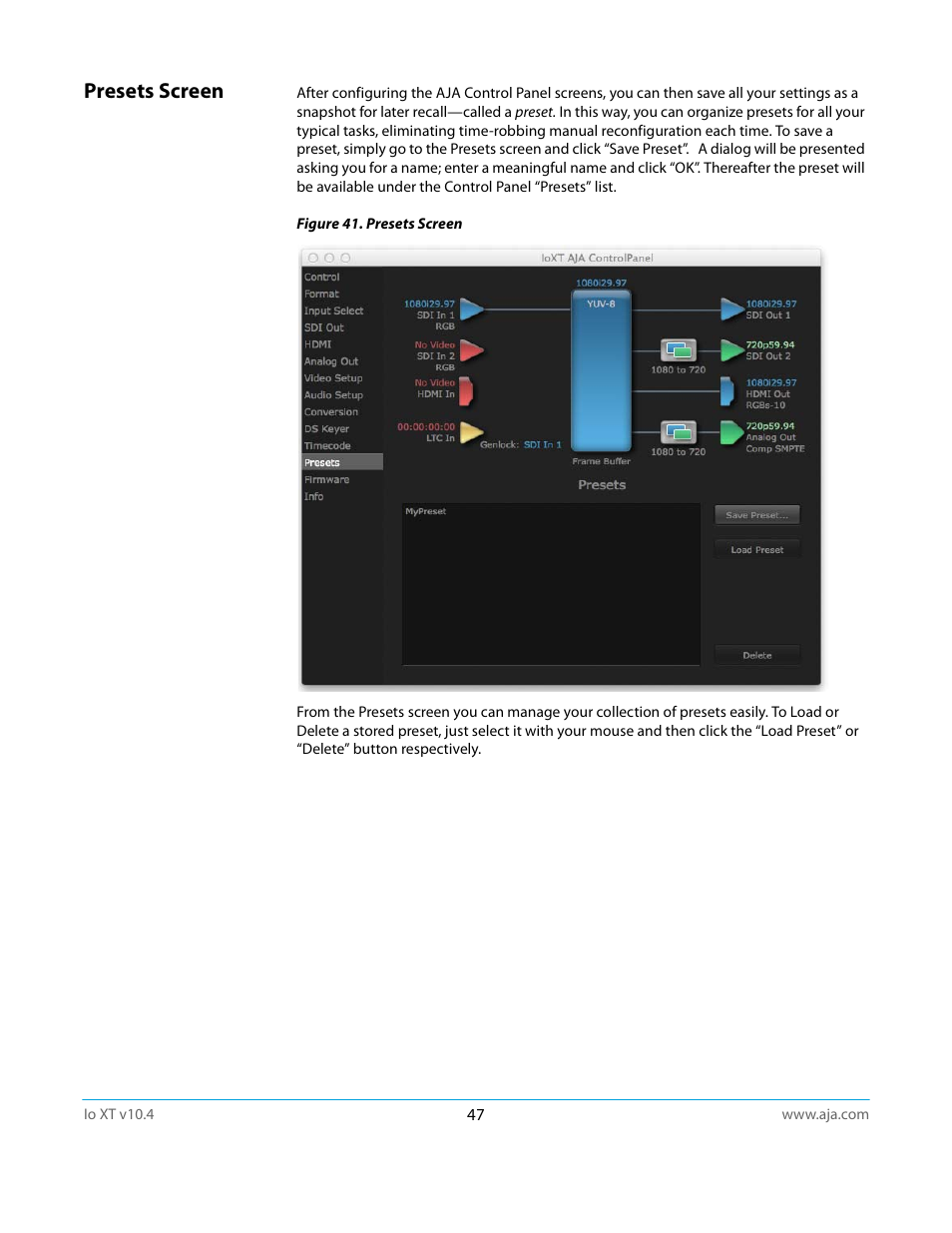 Presets screen | AJA IoXT User Manual | Page 47 / 70