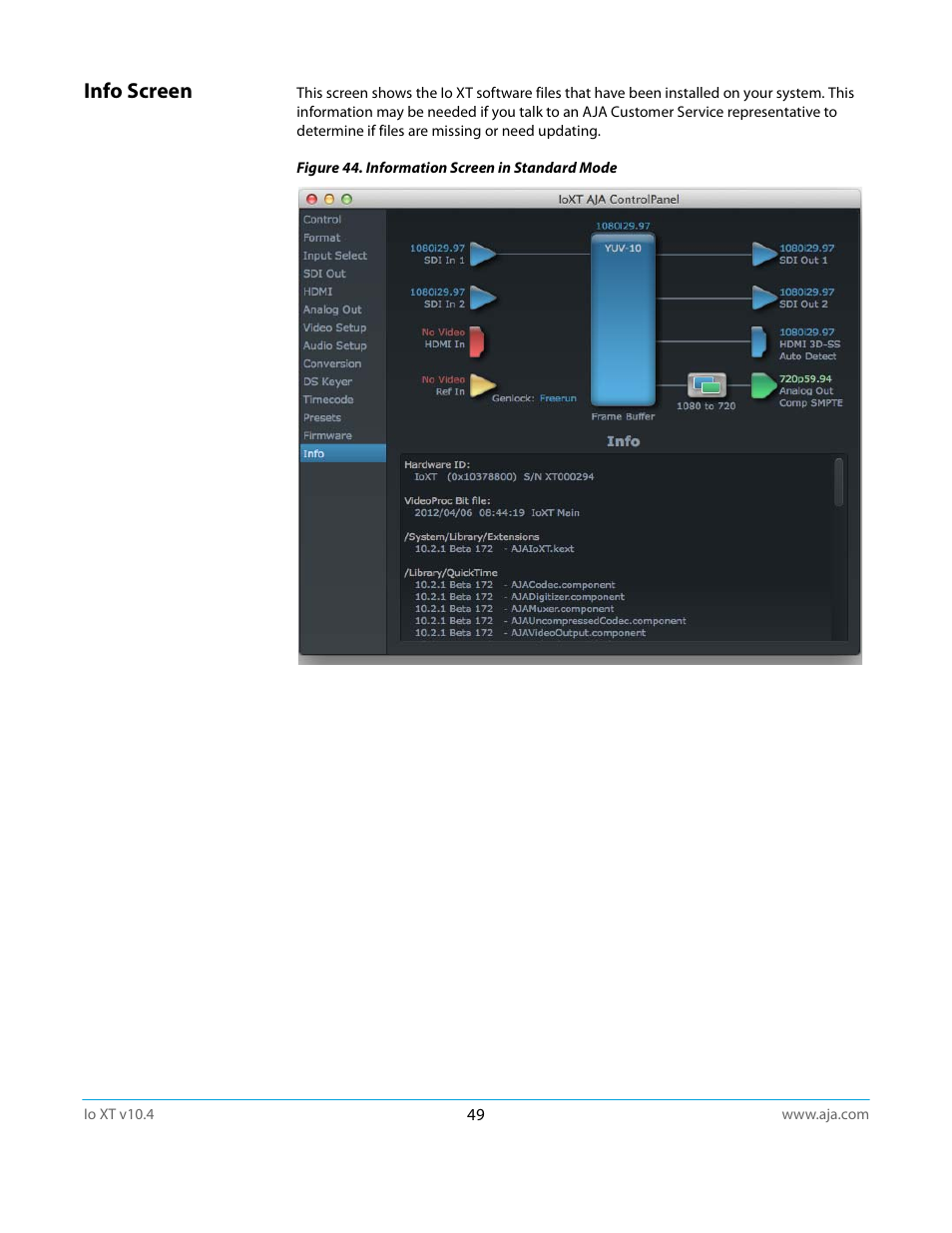 Info screen | AJA IoXT User Manual | Page 49 / 70