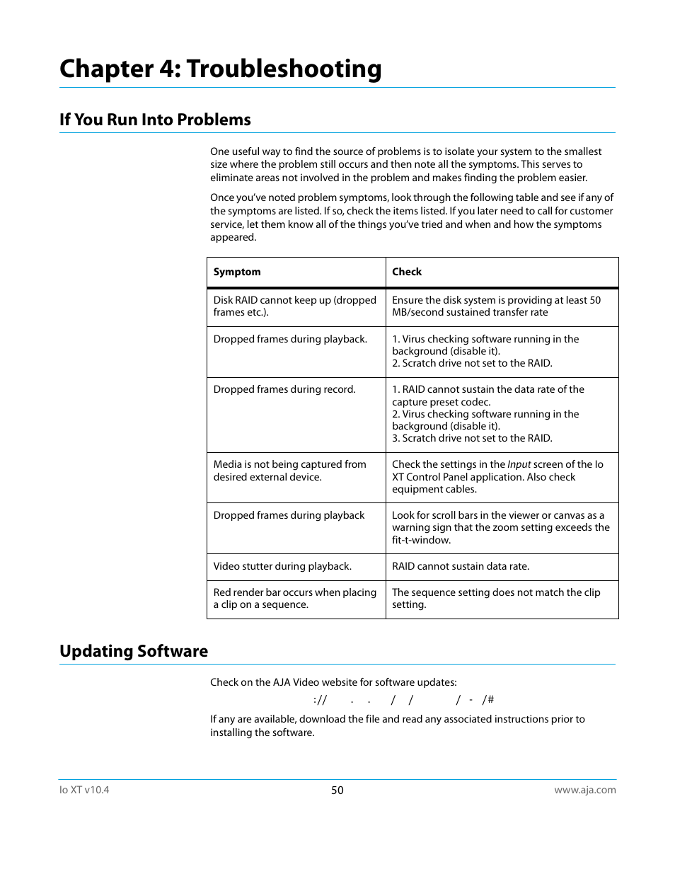 If you run into problems, Updating software, Chapter 4: troubleshooting | If you run into problems updating software | AJA IoXT User Manual | Page 50 / 70