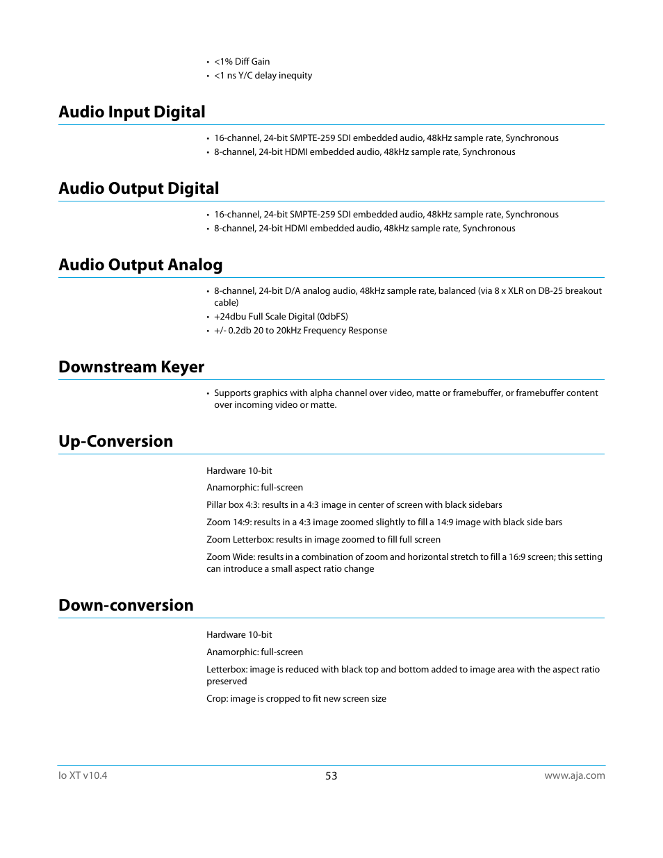 Audio input digital, Audio output digital, Audio output analog | Downstream keyer, Up-conversion, Down-conversion | AJA IoXT User Manual | Page 53 / 70