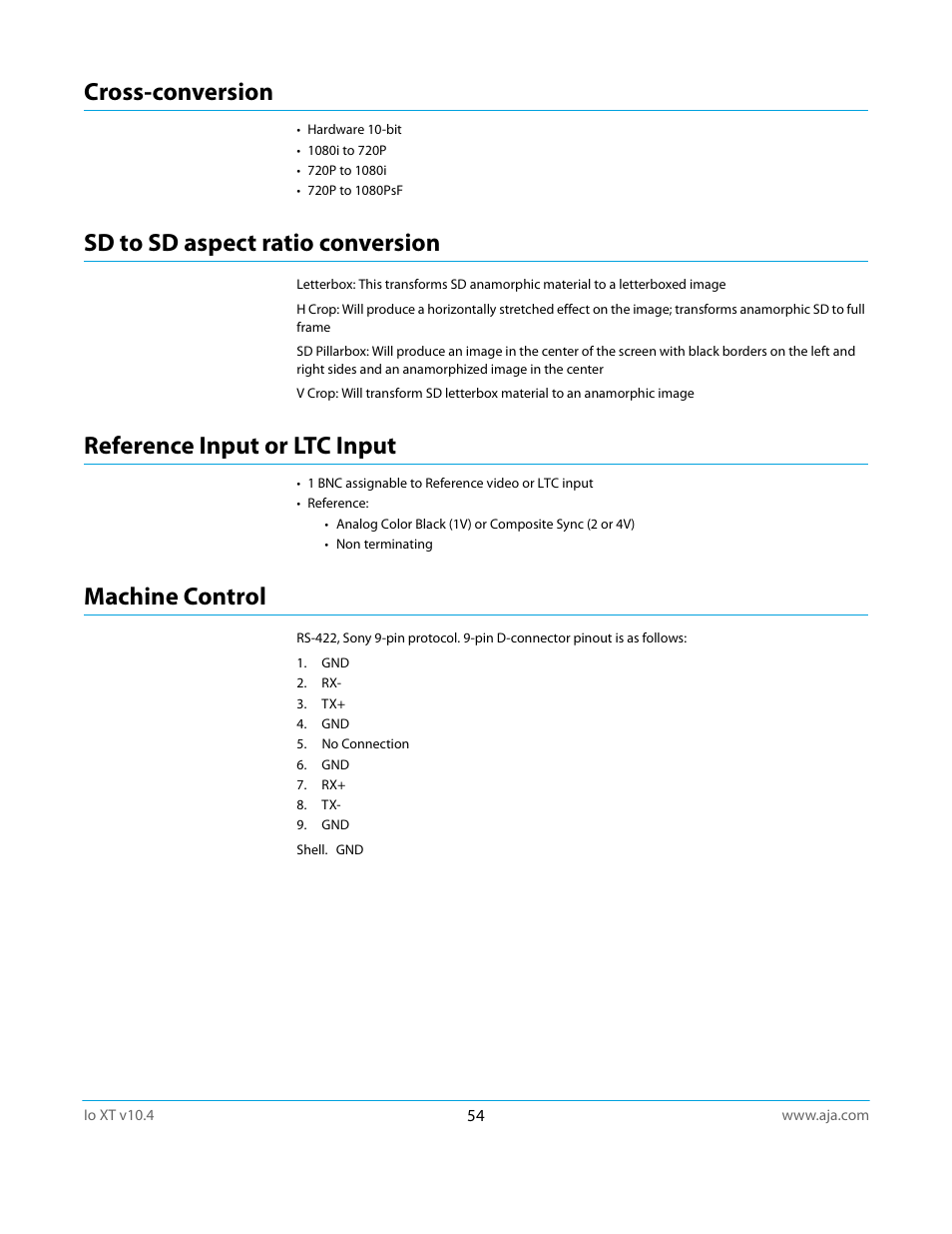 Cross-conversion, Sd to sd aspect ratio conversion, Reference input or ltc input | Machine control | AJA IoXT User Manual | Page 54 / 70