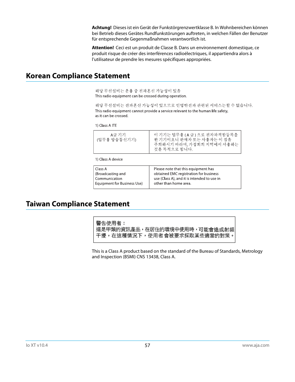 Korean compliance statement, Taiwan compliance statement | AJA IoXT User Manual | Page 57 / 70