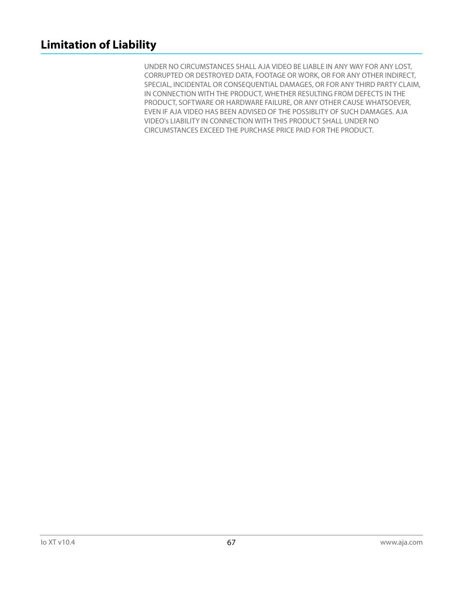 Limitation of liability | AJA IoXT User Manual | Page 67 / 70
