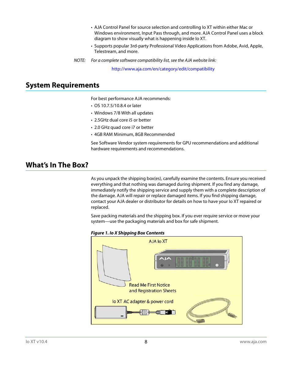 System requirements, What’s in the box, System requirements what’s in the box | AJA IoXT User Manual | Page 8 / 70