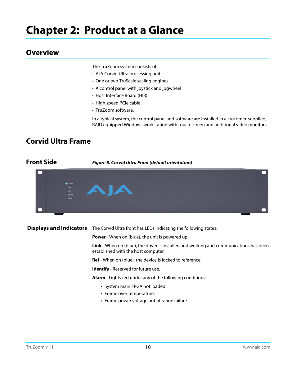 Overview, Corvid ultra frame, Front side | Displays and indicators, Chapter 2: product at a glance, Overview corvid ultra frame | AJA TruZoom User Manual | Page 10 / 72