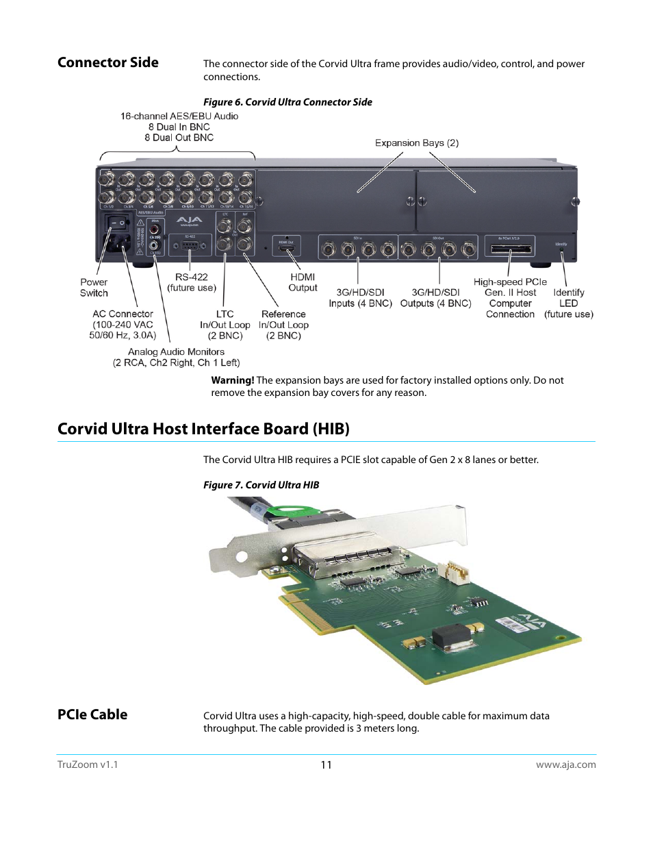 Connector side, Corvid ultra host interface board (hib), Pcie cable | AJA TruZoom User Manual | Page 11 / 72