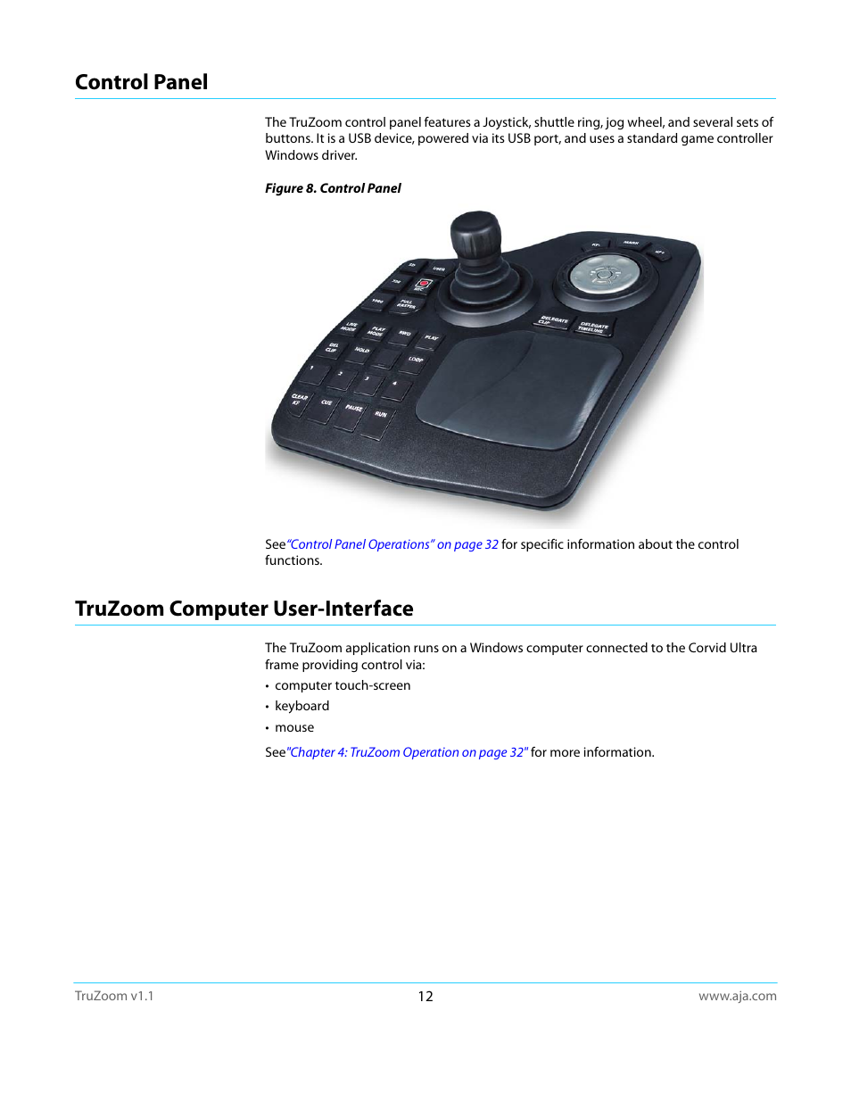 Control panel, Truzoom computer user-interface, Control panel truzoom computer user-interface | AJA TruZoom User Manual | Page 12 / 72