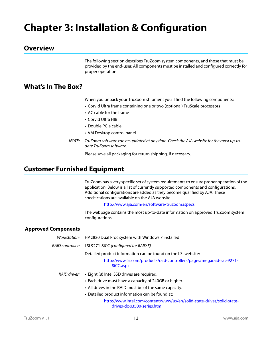 Overview, What’s in the box, Customer furnished equipment | Approved components, Chapter 3: installation & configuration | AJA TruZoom User Manual | Page 13 / 72