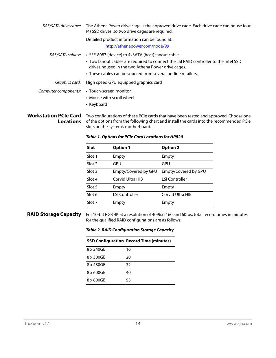 Workstation pcie card locations, Raid storage capacity | AJA TruZoom User Manual | Page 14 / 72