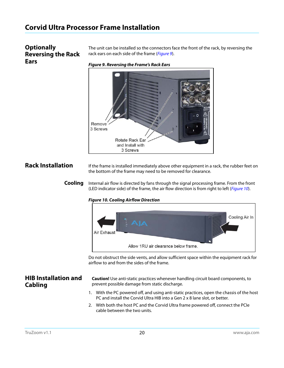 Corvid ultra processor frame installation, Optionally reversing the rack ears, Rack installation | Cooling, Hib installation and cabling | AJA TruZoom User Manual | Page 20 / 72