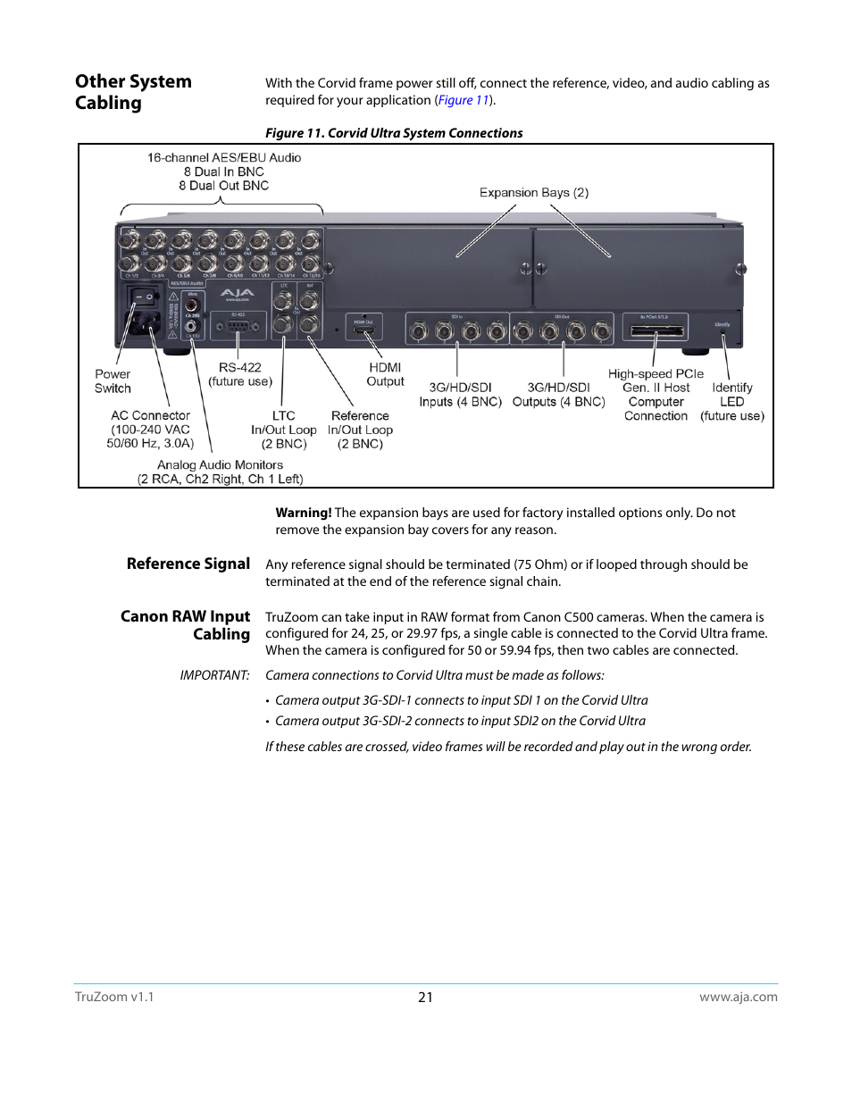 Other system cabling, Reference signal, Canon raw input cabling | Reference signal canon raw input cabling | AJA TruZoom User Manual | Page 21 / 72