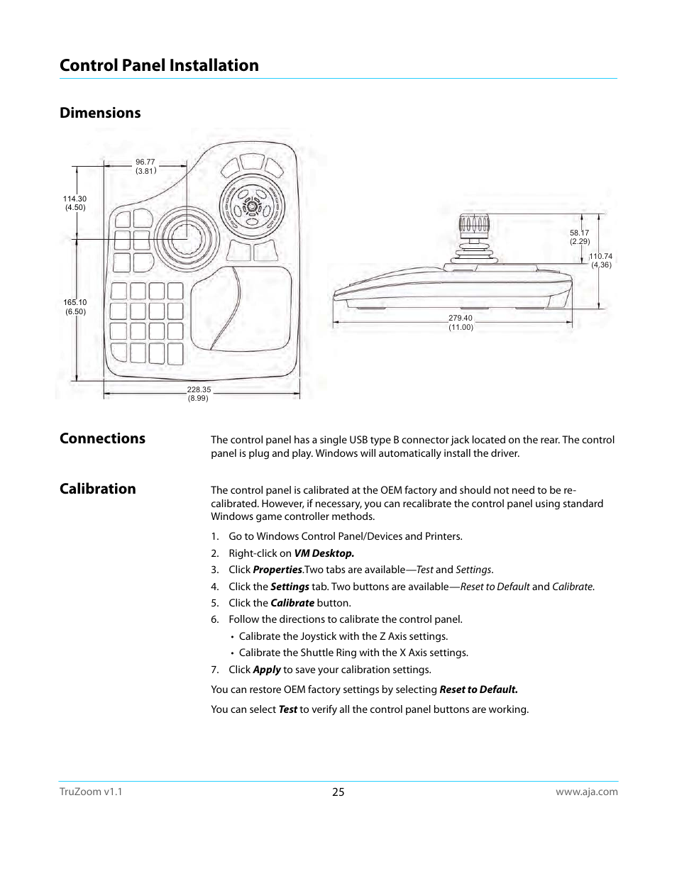 Control panel installation, Dimensions, Connections | Calibration, Dimensions connections calibration, Dimensions connections | AJA TruZoom User Manual | Page 25 / 72
