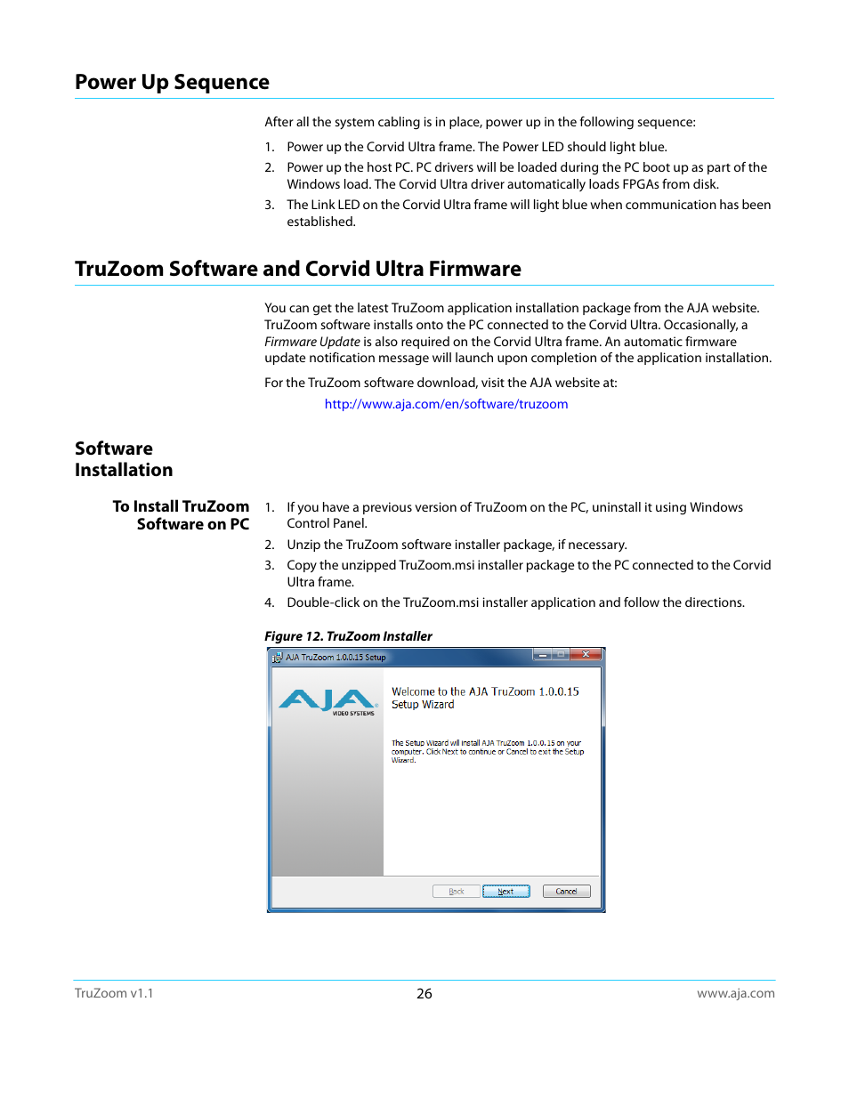 Power up sequence, Truzoom software and corvid ultra firmware, Software installation | To install truzoom software on pc | AJA TruZoom User Manual | Page 26 / 72