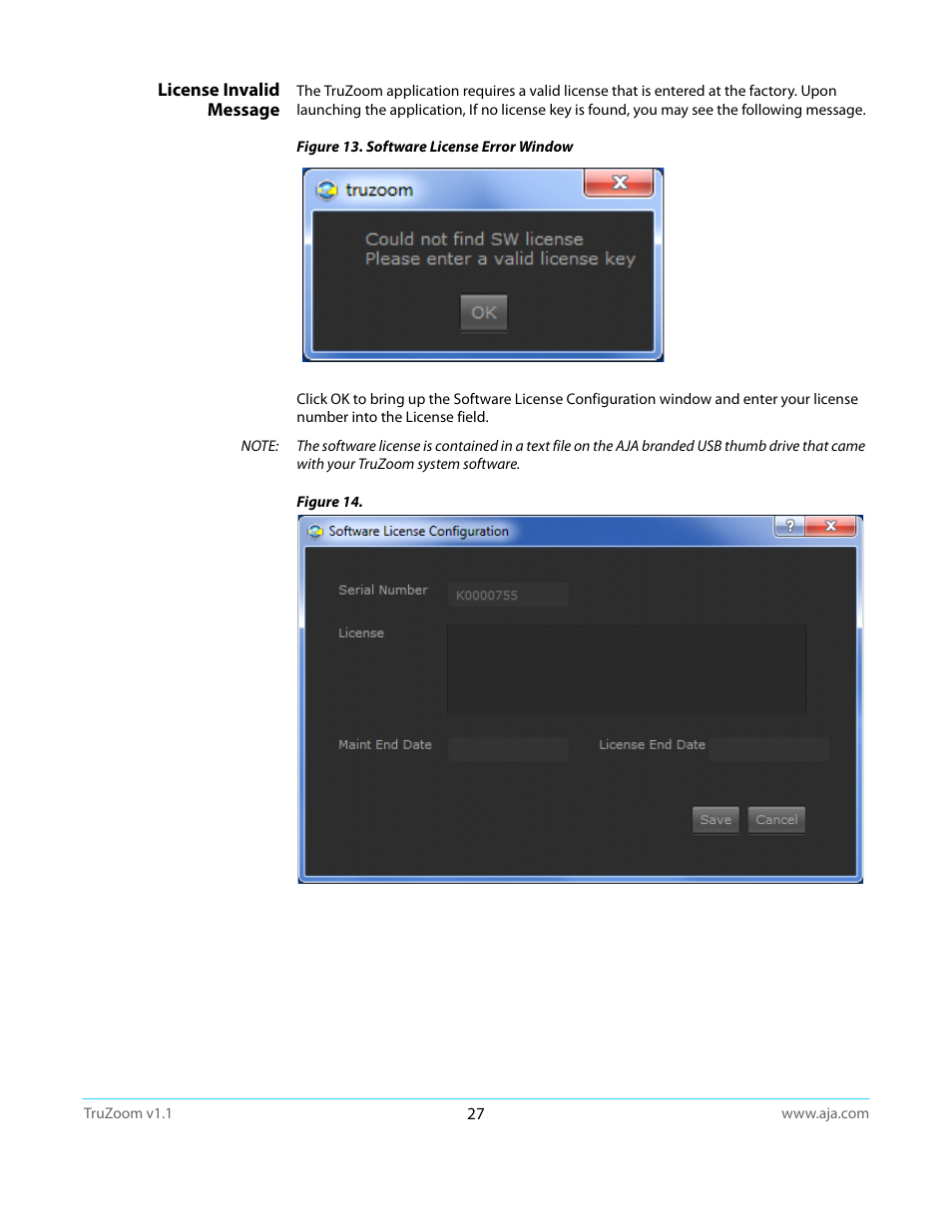 License invalid message | AJA TruZoom User Manual | Page 27 / 72