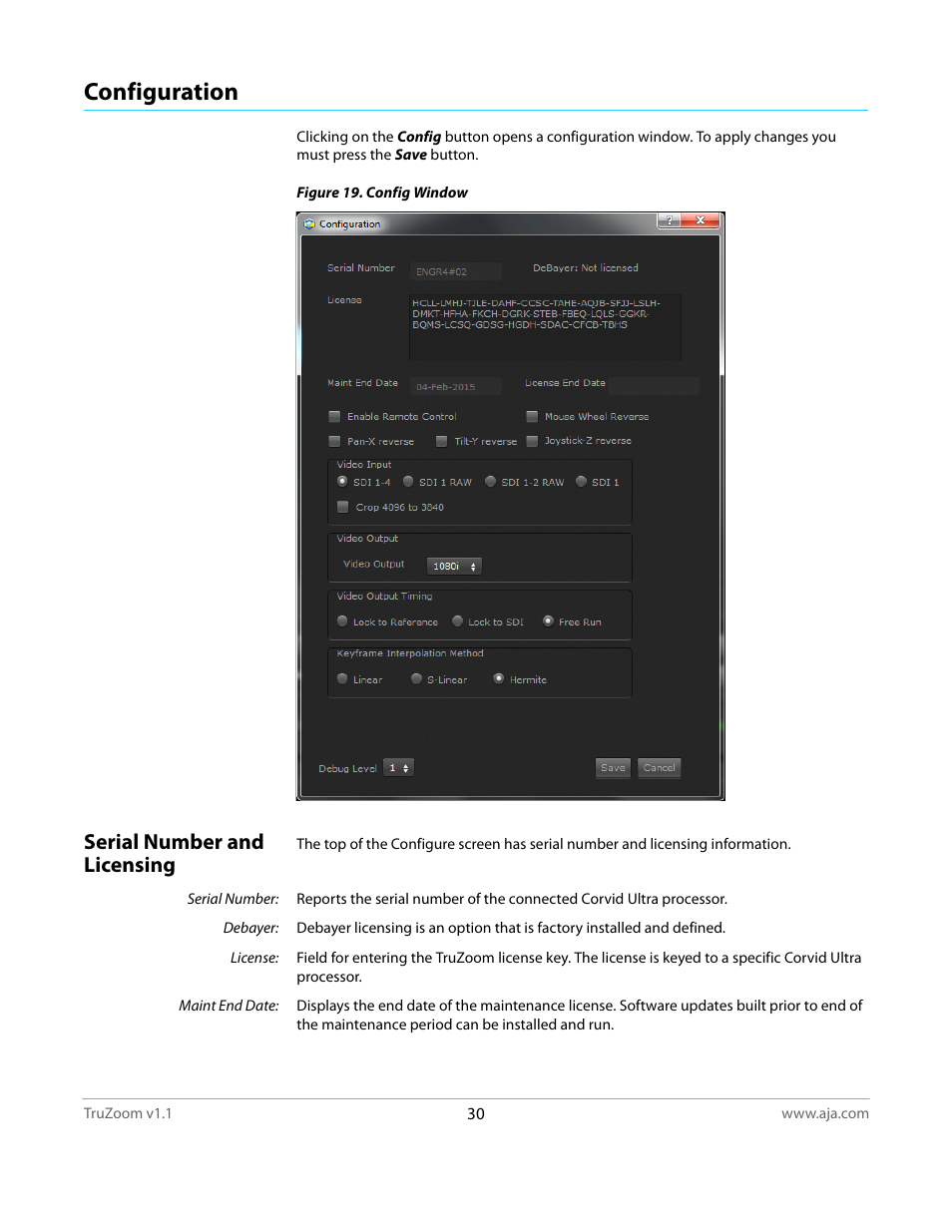 Configuration, Serial number and licensing | AJA TruZoom User Manual | Page 30 / 72