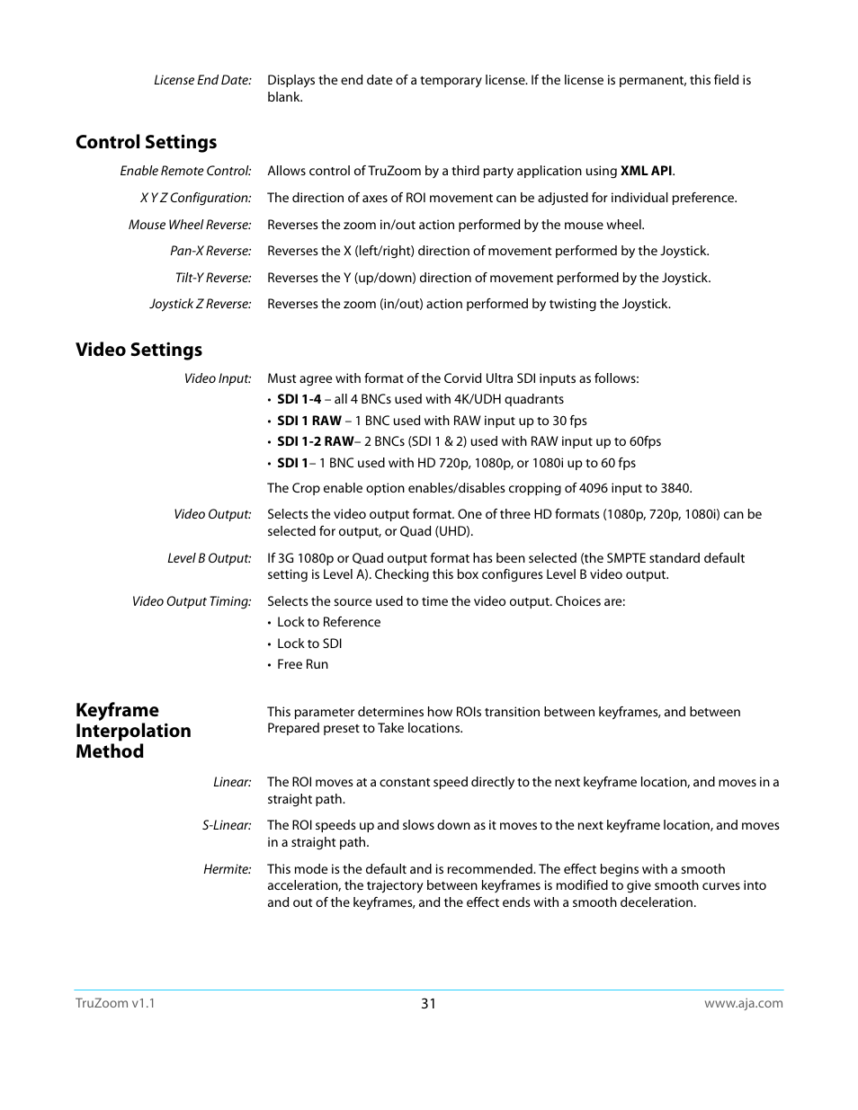 Control settings, Video settings, Keyframe interpolation method | AJA TruZoom User Manual | Page 31 / 72