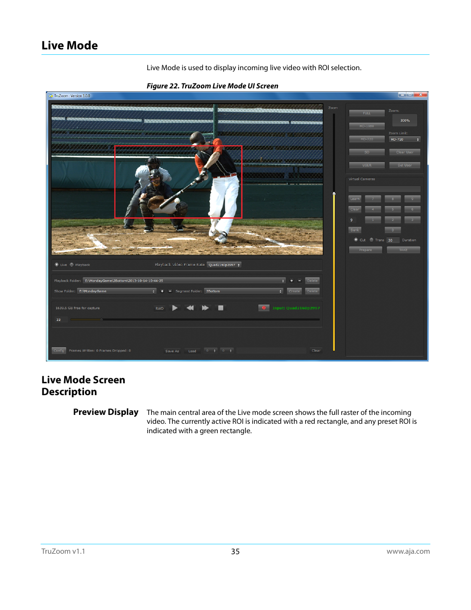 Live mode, Live mode screen description, Preview display | AJA TruZoom User Manual | Page 35 / 72
