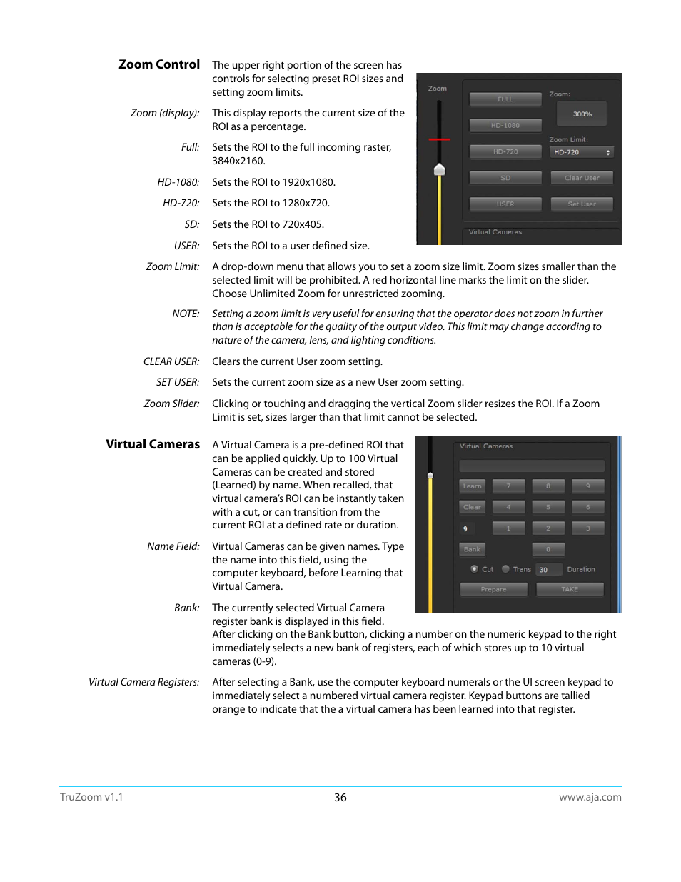 Zoom control, Virtual cameras, Zoom control virtual cameras | AJA TruZoom User Manual | Page 36 / 72