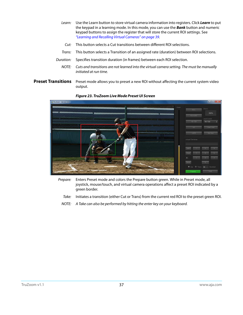 Preset transitions | AJA TruZoom User Manual | Page 37 / 72