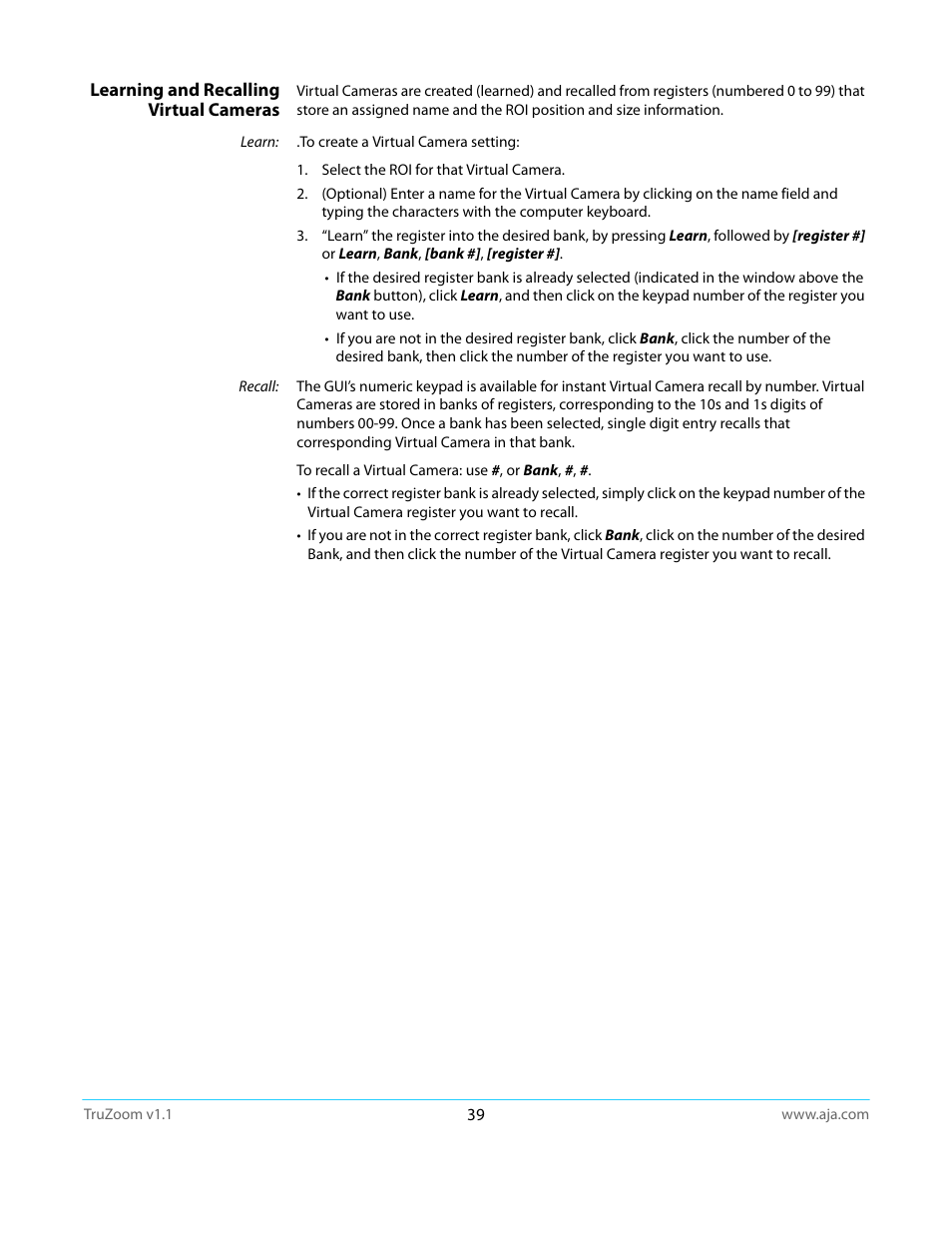 Learning and recalling virtual cameras | AJA TruZoom User Manual | Page 39 / 72