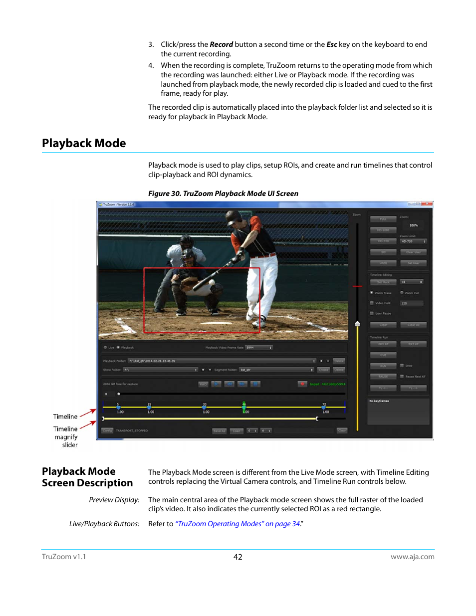 Playback mode, Playback mode screen description | AJA TruZoom User Manual | Page 42 / 72