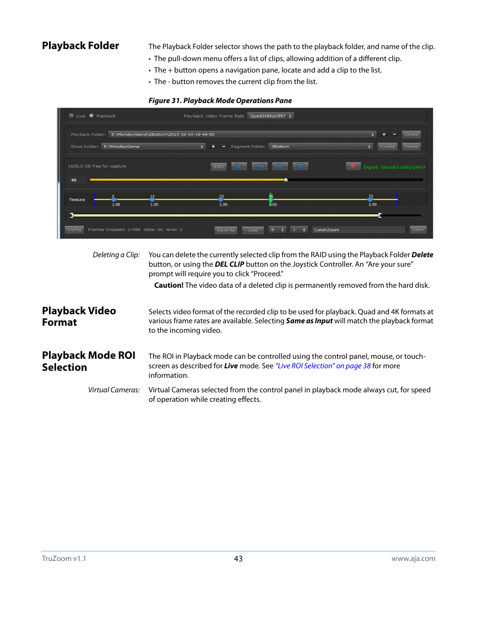 Playback folder, Playback video format, Playback mode roi selection | AJA TruZoom User Manual | Page 43 / 72