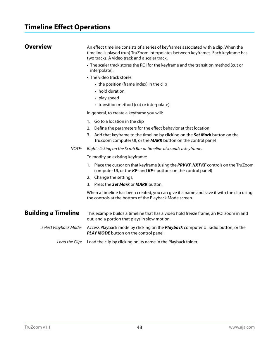 Timeline effect operations, Overview, Building a timeline | Overview building a timeline | AJA TruZoom User Manual | Page 48 / 72