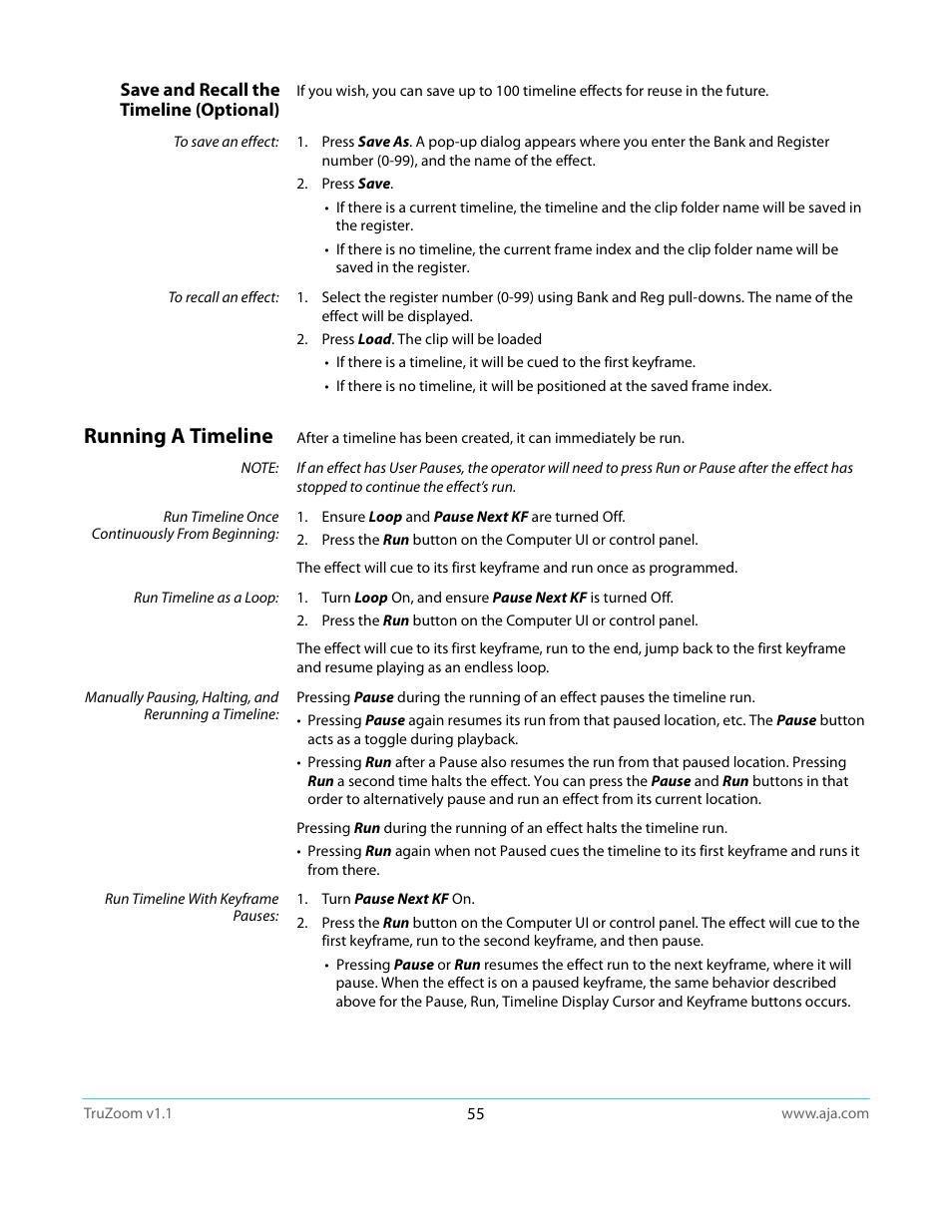 Save and recall the timeline (optional), Running a timeline | AJA TruZoom User Manual | Page 55 / 72