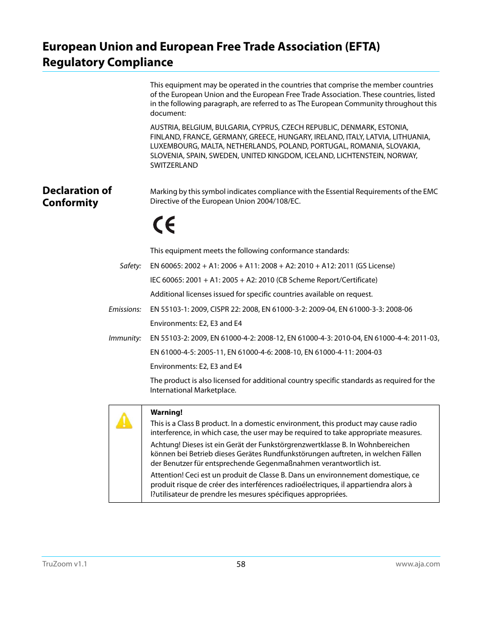 Declaration of conformity, Regulatory compliance | AJA TruZoom User Manual | Page 58 / 72