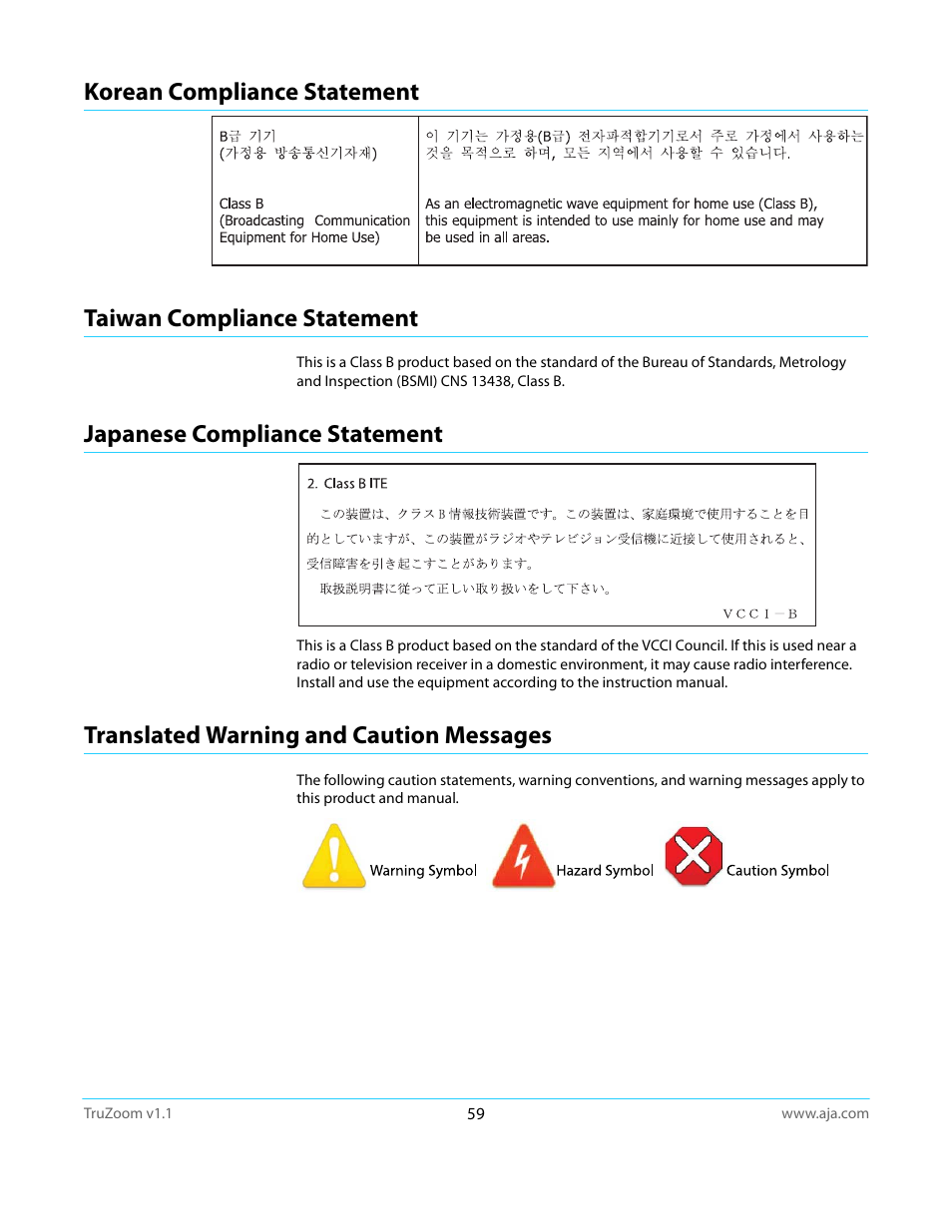 Korean compliance statement, Taiwan compliance statement, Japanese compliance statement | Translated warning and caution messages | AJA TruZoom User Manual | Page 59 / 72