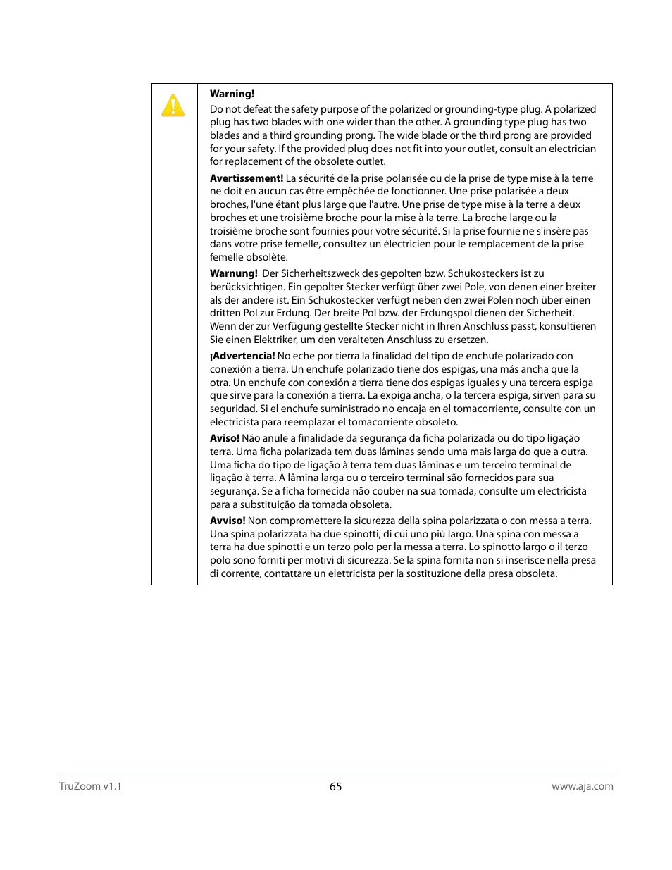 AJA TruZoom User Manual | Page 65 / 72