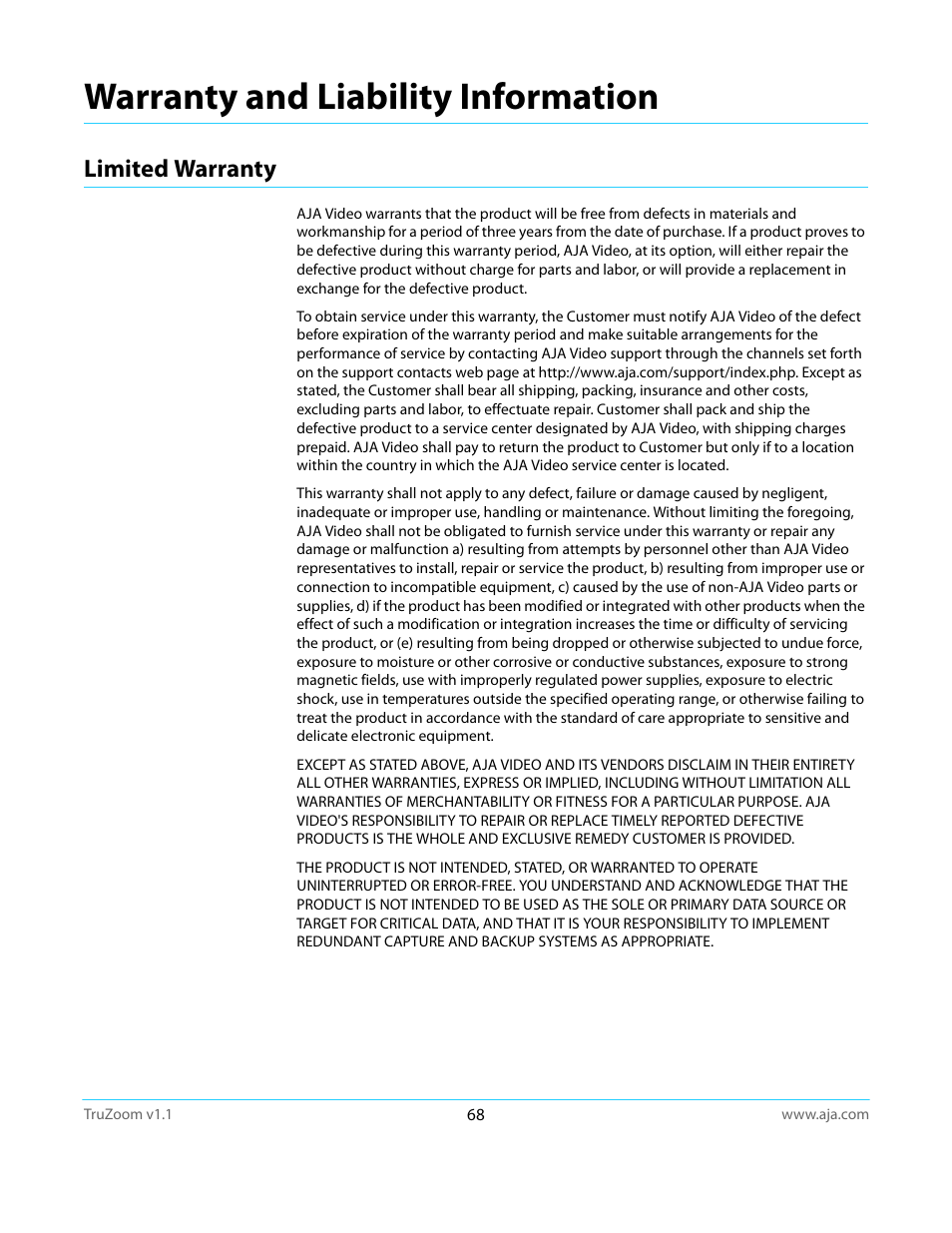 Limited warranty, Warranty and liability information | AJA TruZoom User Manual | Page 68 / 72