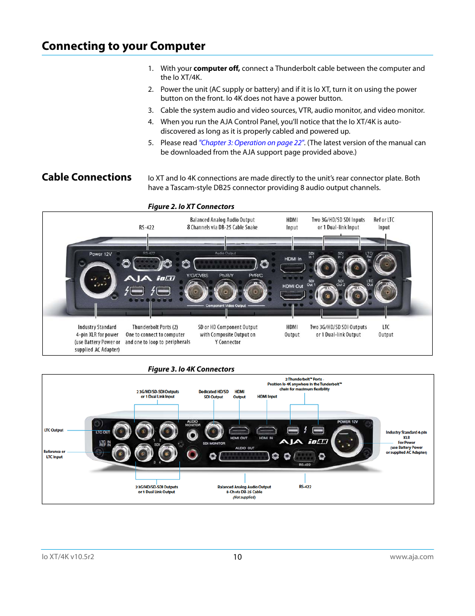 Connecting to your computer, Cable connections | AJA Io4K User Manual | Page 10 / 74
