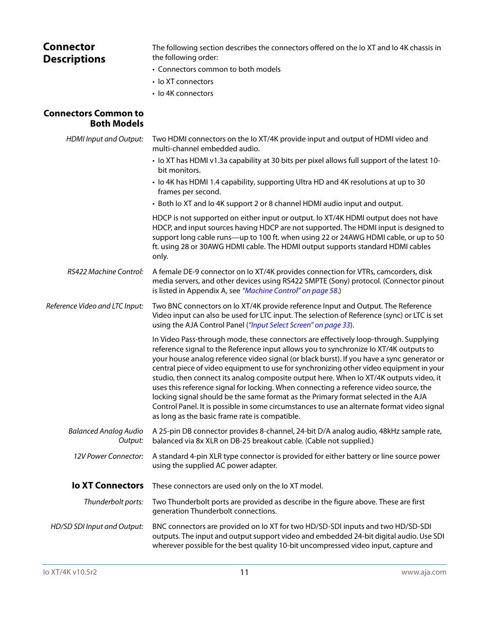Connector descriptions, Connectors common to both models, Io xt connectors | AJA Io4K User Manual | Page 11 / 74