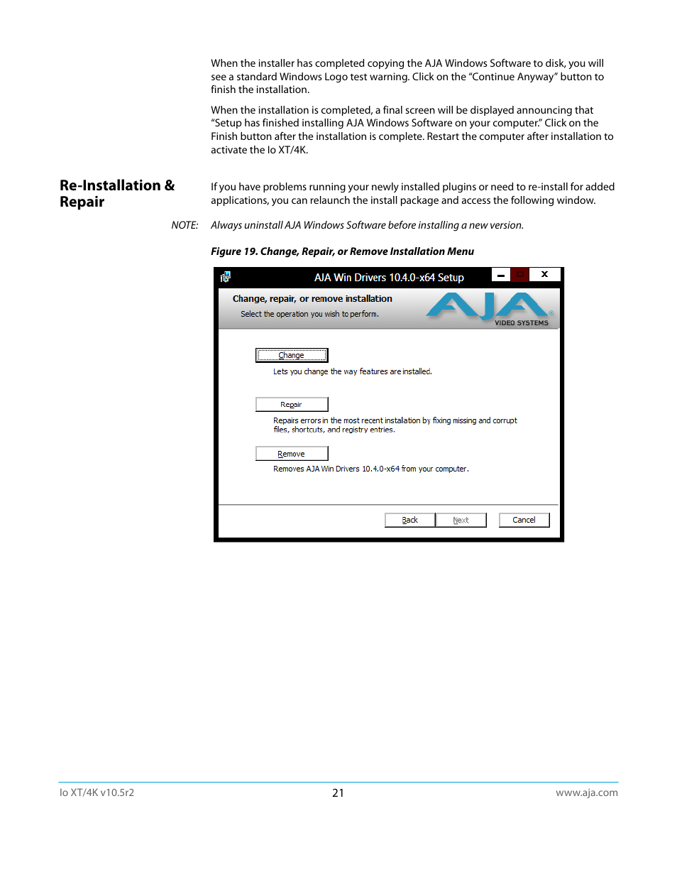 Re-installation & repair | AJA Io4K User Manual | Page 21 / 74