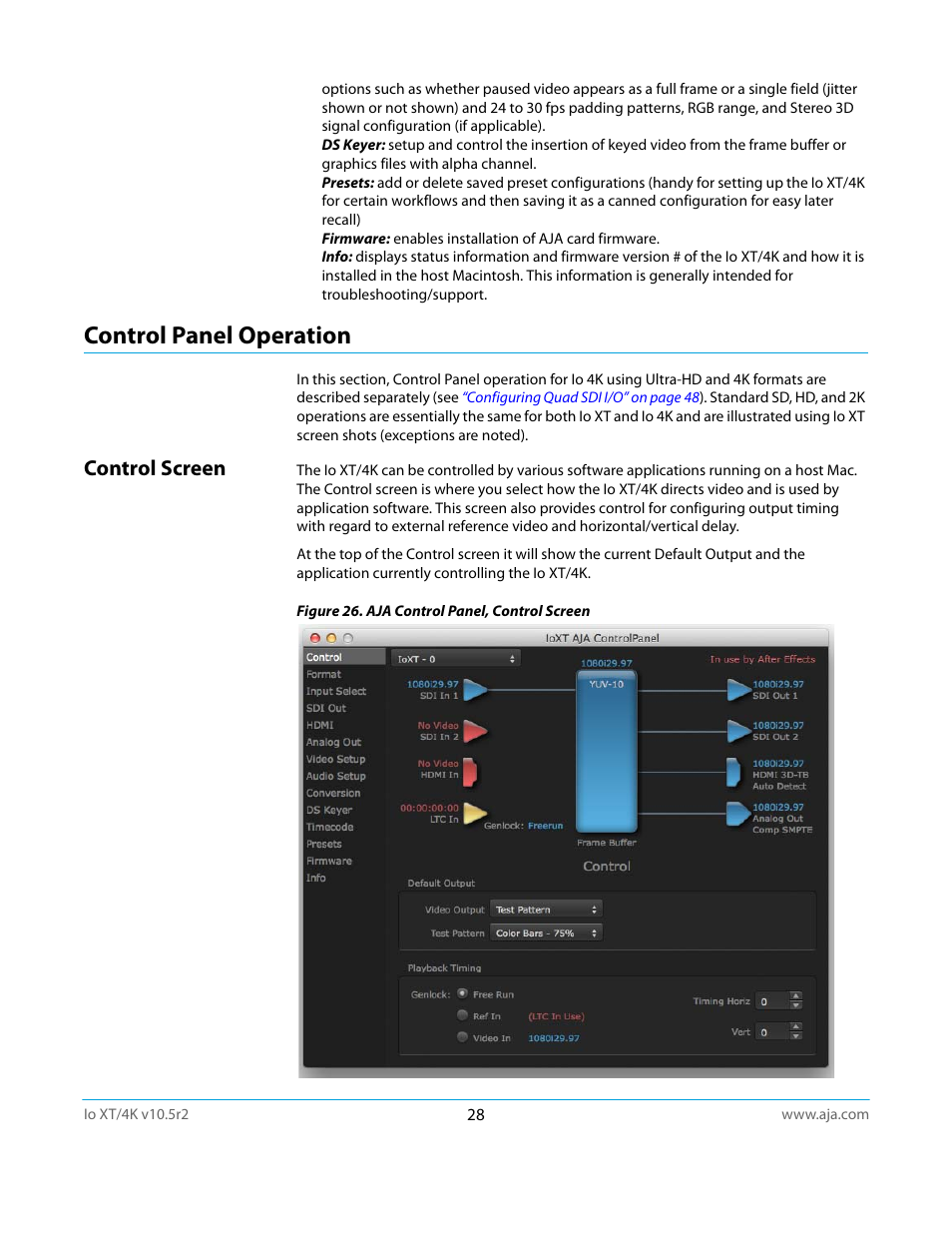 Control panel operation, Control screen | AJA Io4K User Manual | Page 28 / 74