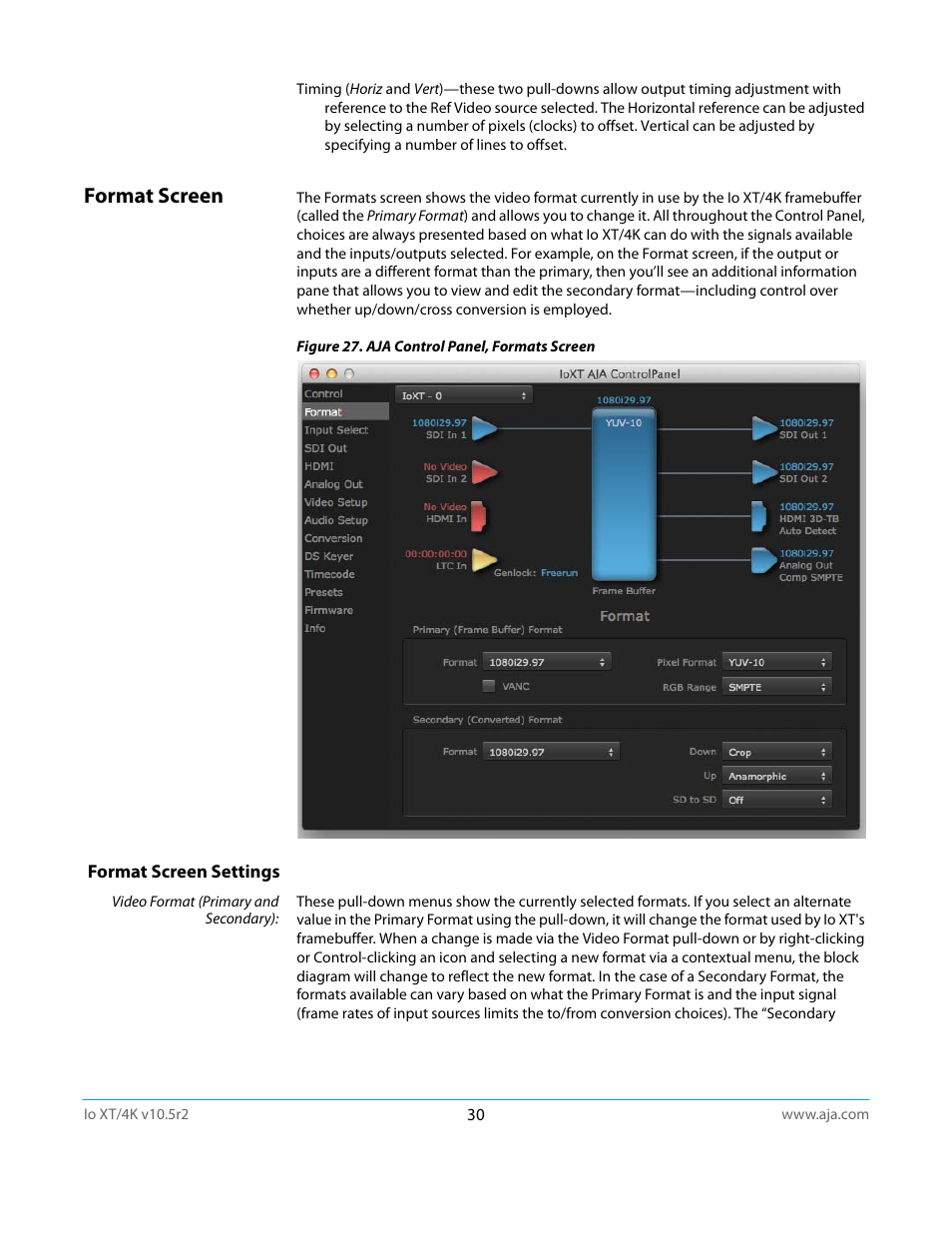 Format screen, Format screen settings | AJA Io4K User Manual | Page 30 / 74